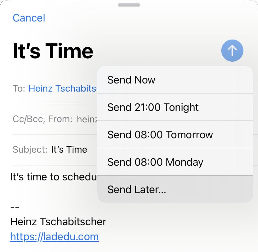 Choose “Send Later” to pick delivery time for an email in iPhone Mail