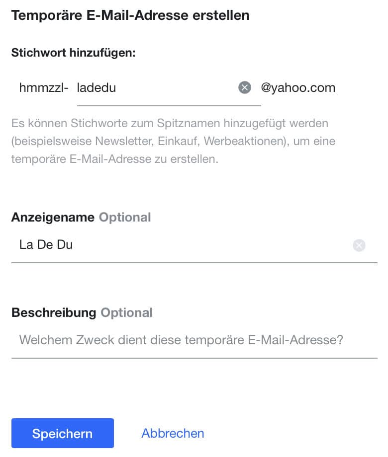 In Yahoo Mail lässt sich eine temporäre, leicht löschbare Emailadresse anlegen