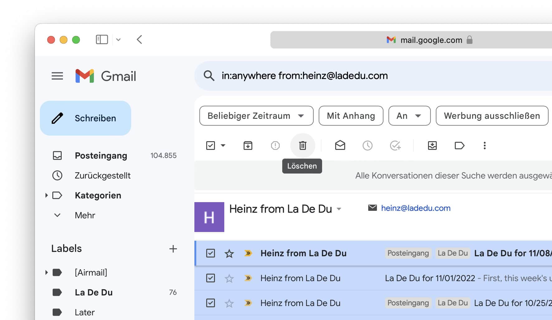 Mit der Gmail Suche können Sie alle Mails von einem bestimmten Absender finden und löschen