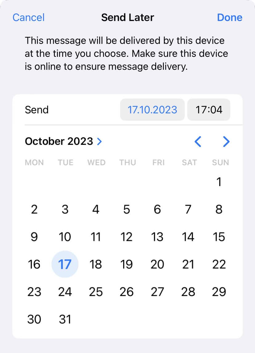 Picking a later date (and time) for delivery in iPhone Mail