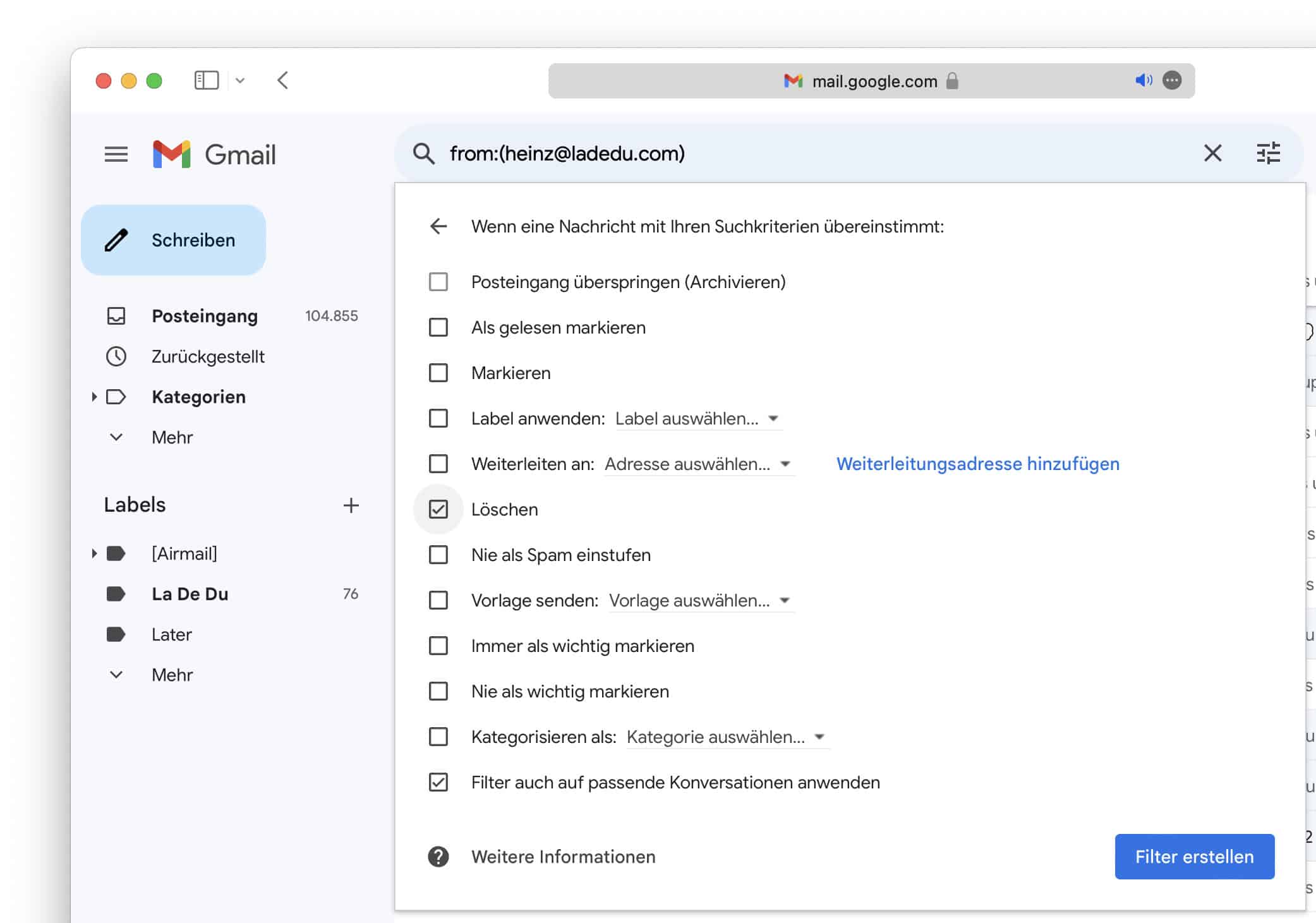 Sie können in Gmail einen Filter einrichten, der alle Emails von einem bestimmten Absender autoatisch löscht