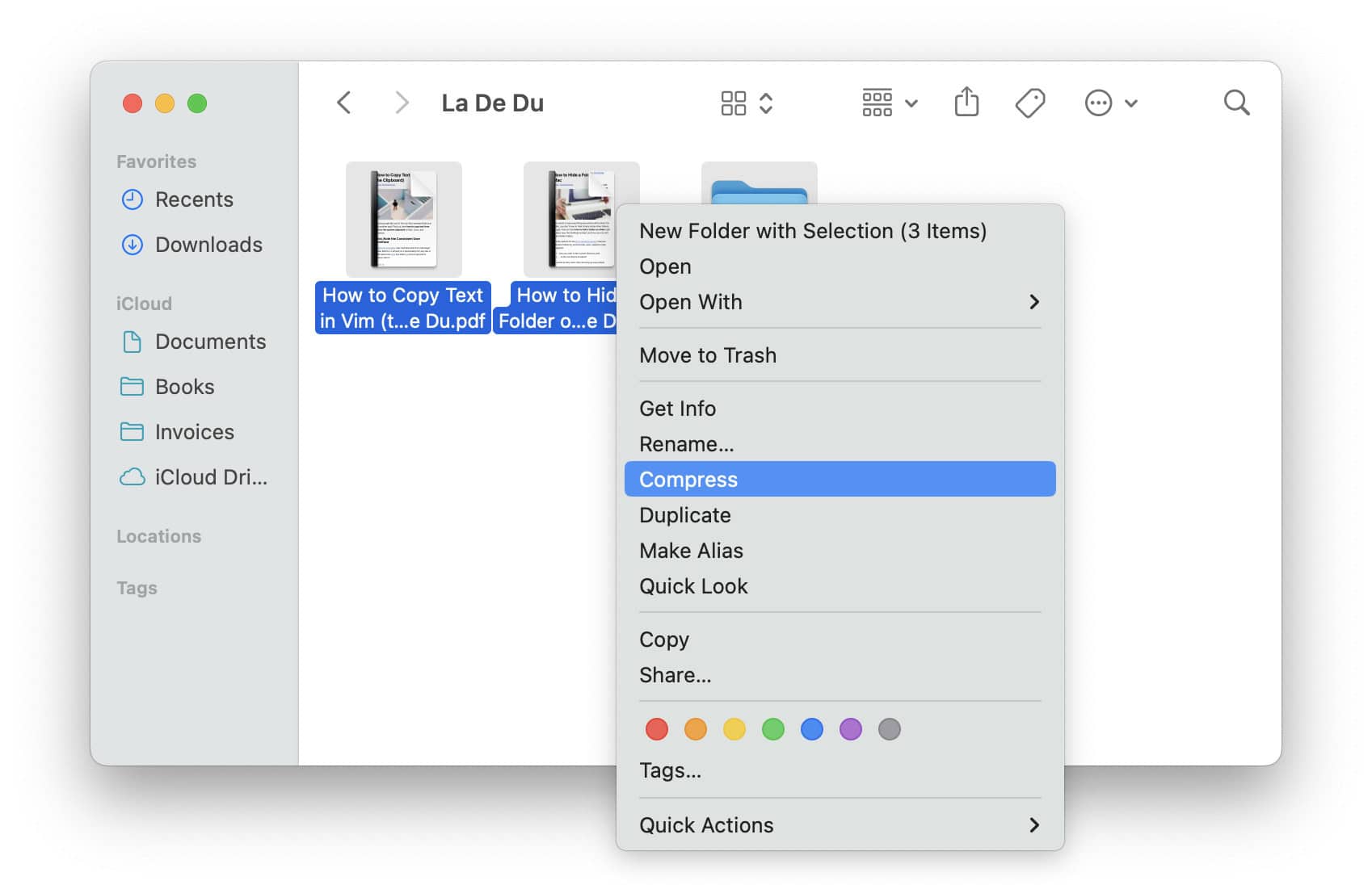 Zip files in Mac Finder using the context menu