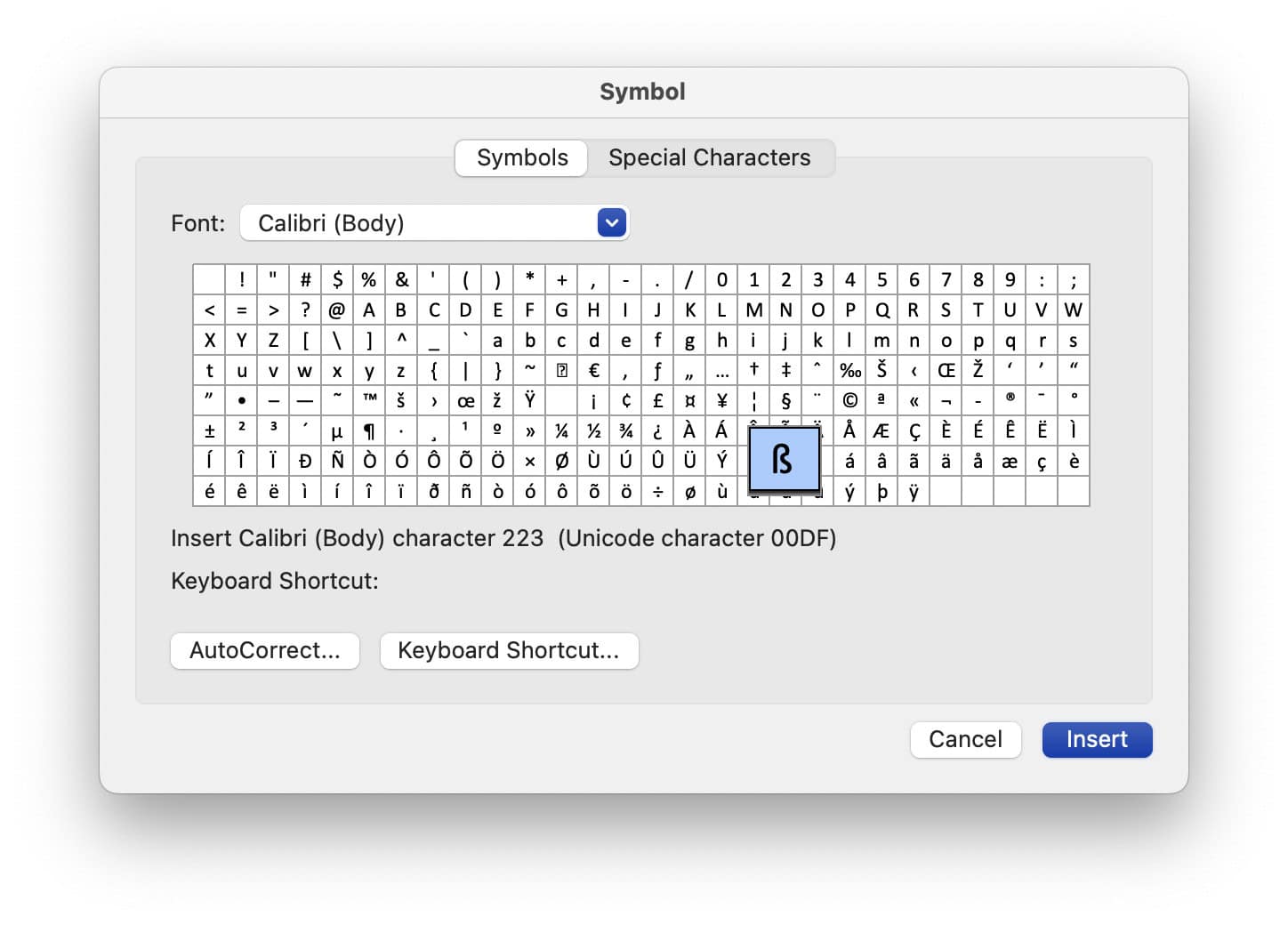 Insert the German double s using the Word for Mac Symbol dialog