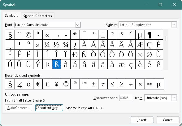 Inserting the German double s using the Word for Windows Symbol dialog