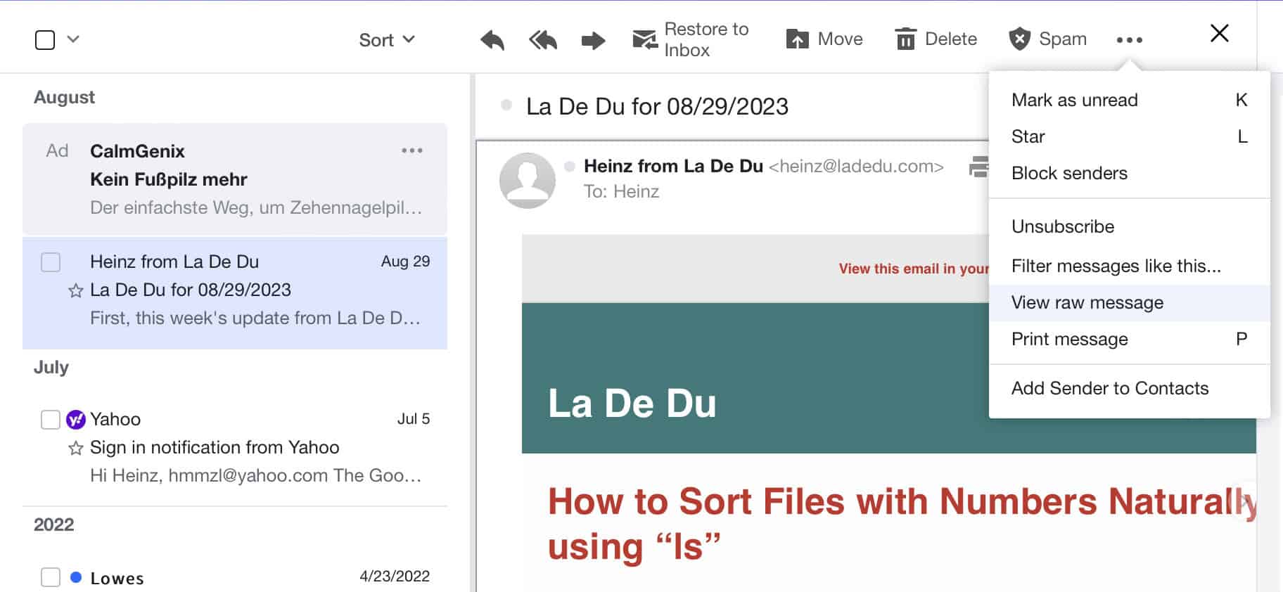 Select “View raw message“ in Yahoo Mail to access the full headers and email source