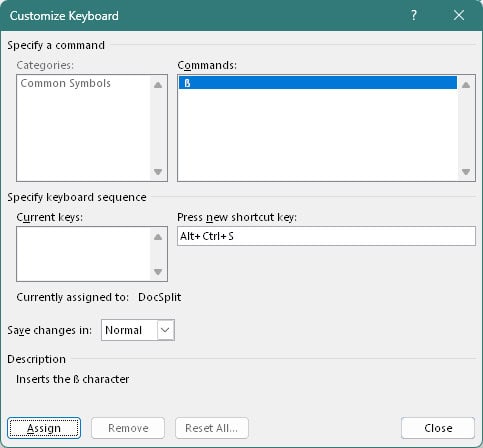 Set up a shortcut for inserting the sharp s (Eszett) in Word for Windows