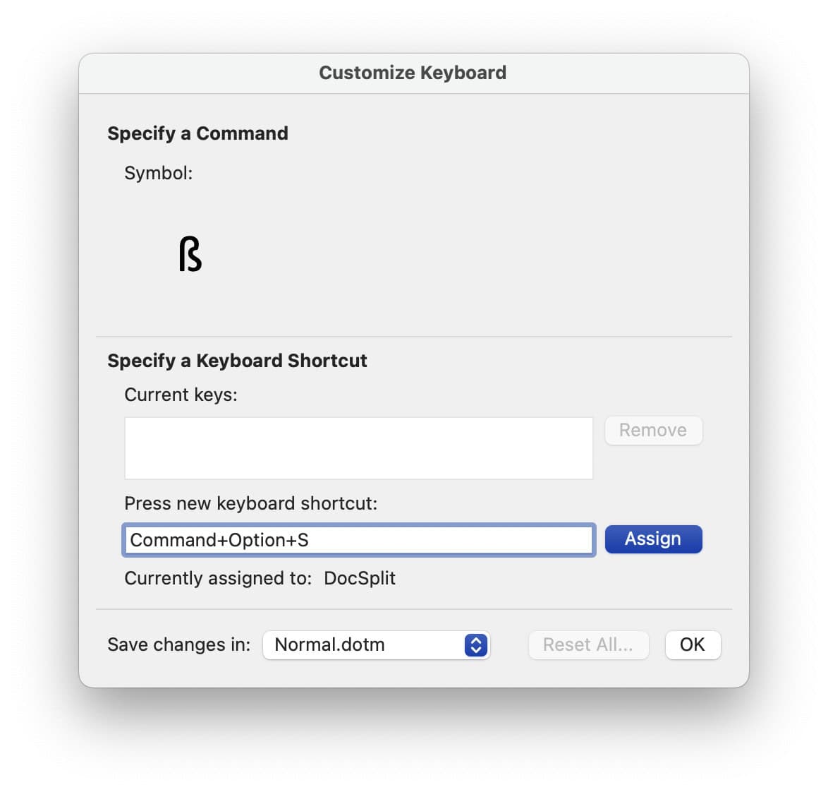 Setting up a custom keyboard shortcut for the German character “sharp s” in Word for Mac