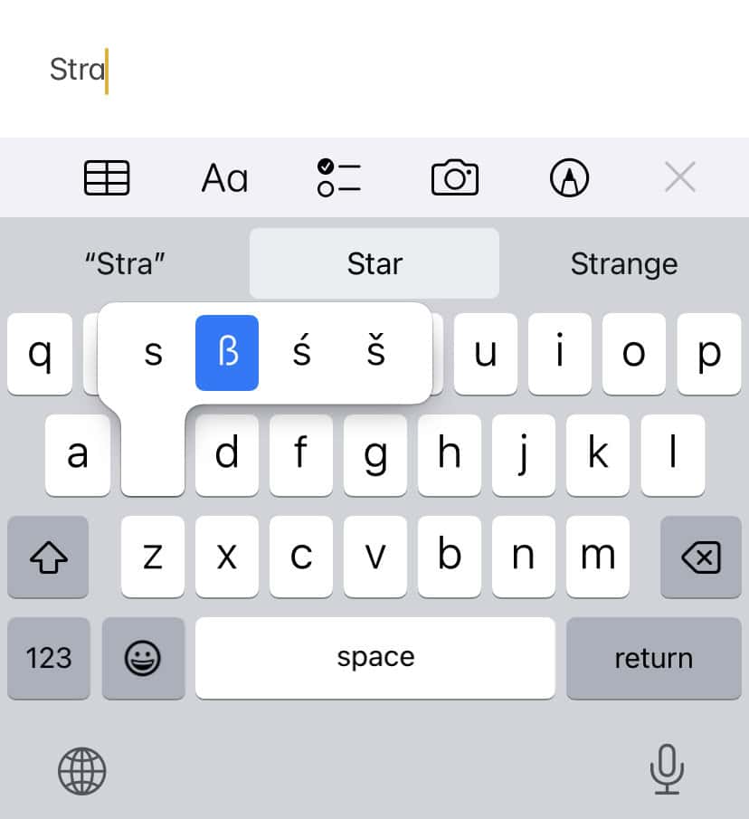 Typing the German B Eszett using an English iPhone keyboard