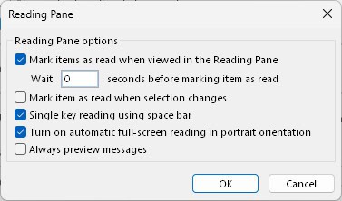 Configuring “mark as read” settings for the reading pane in Outlook for Windows