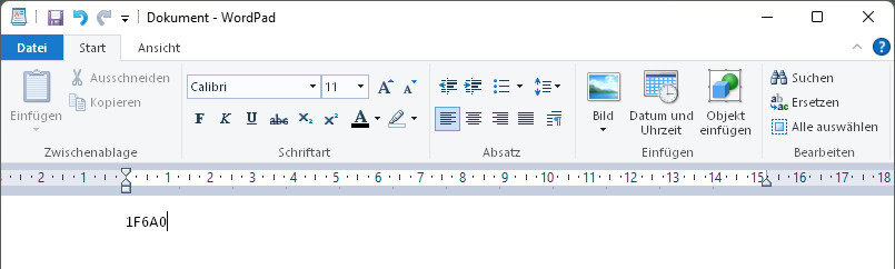 Schreiben Sie den UTF-32 Code für ein Unicode-Zeichen in WordPad, um das Zeichen zu generieren