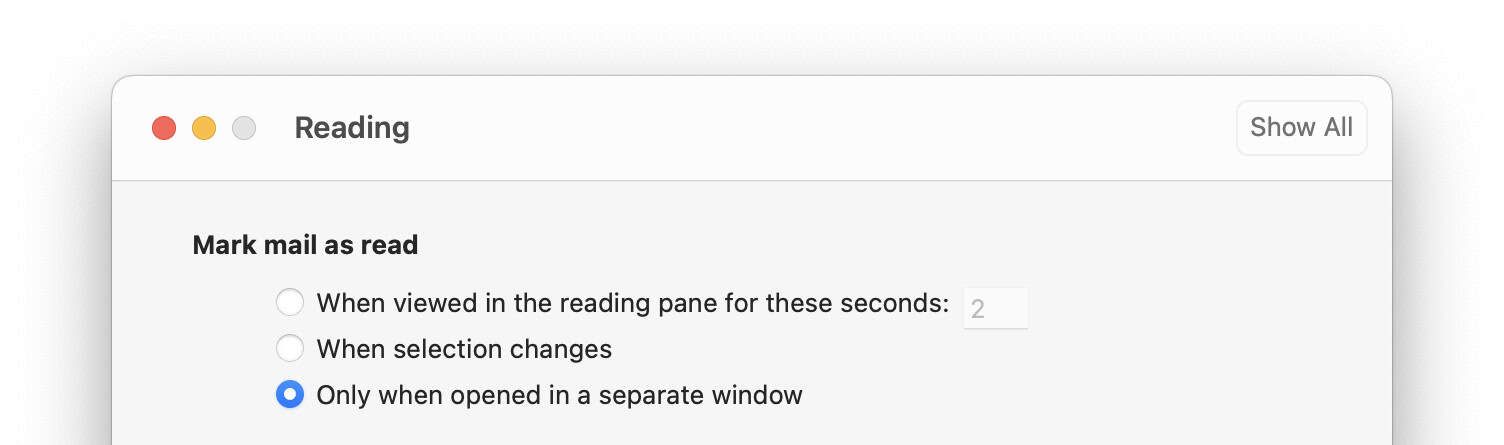 Setting up Outlook for Mac not to mark email as read in the reading pane automatically