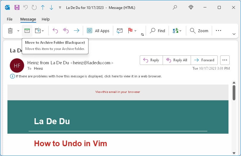 The “Archive” button in Outlook for Windows is an alternative to the archiving keyboard shortcut