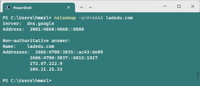 Using nslookup to get the IP address for a domain on Windows 11