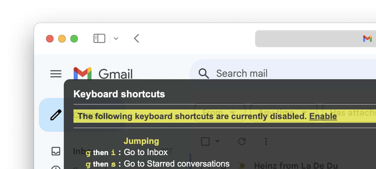 Click “Enable” to turn on extended keyboard shortcuts in Gmail