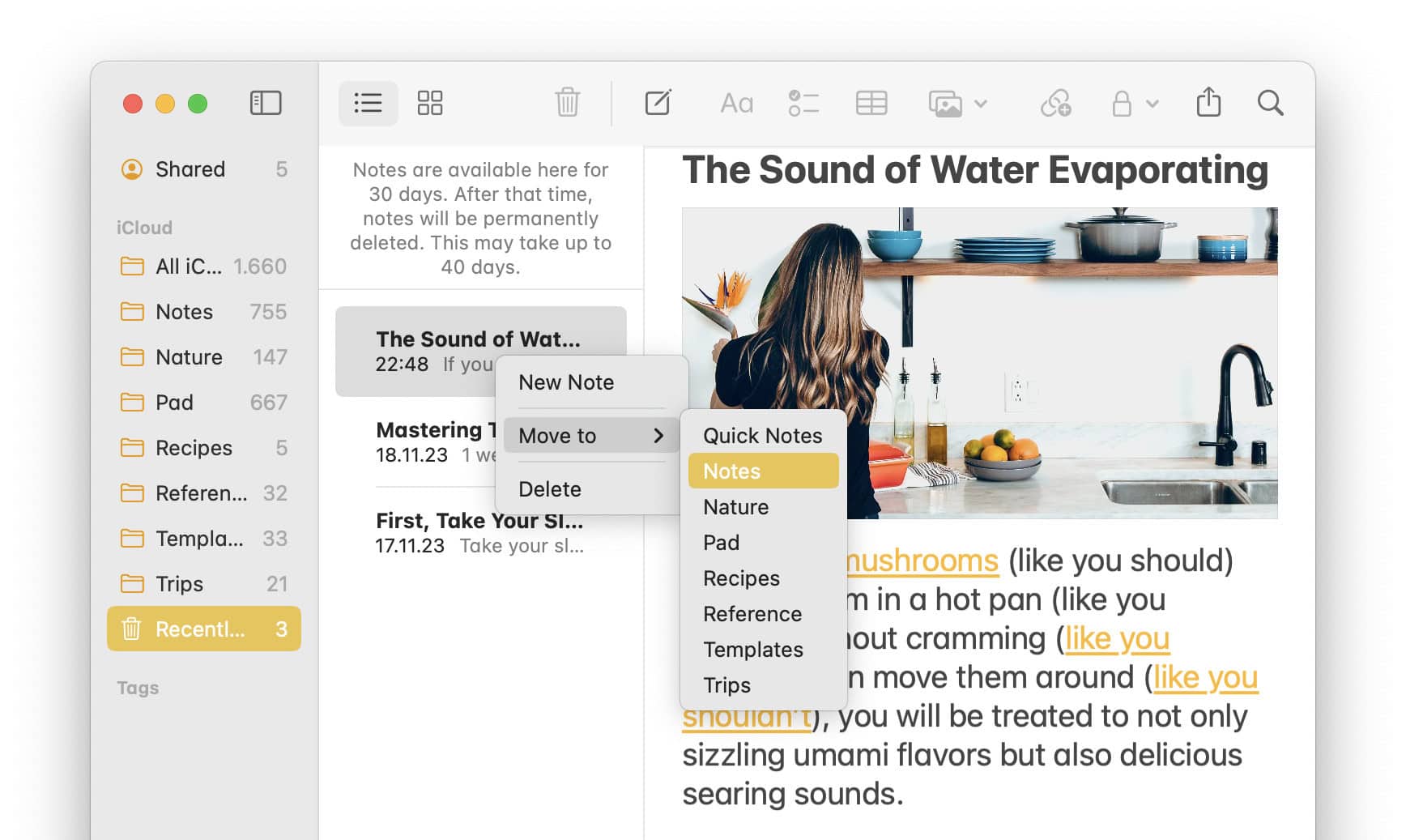 You can recover a note from “Recently Deleted” in Apple Notes on a Mac to any folder