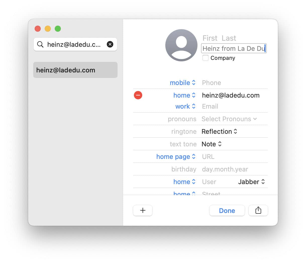 On the contact sheet, enter the name you want to assocaite with an email address in Mail