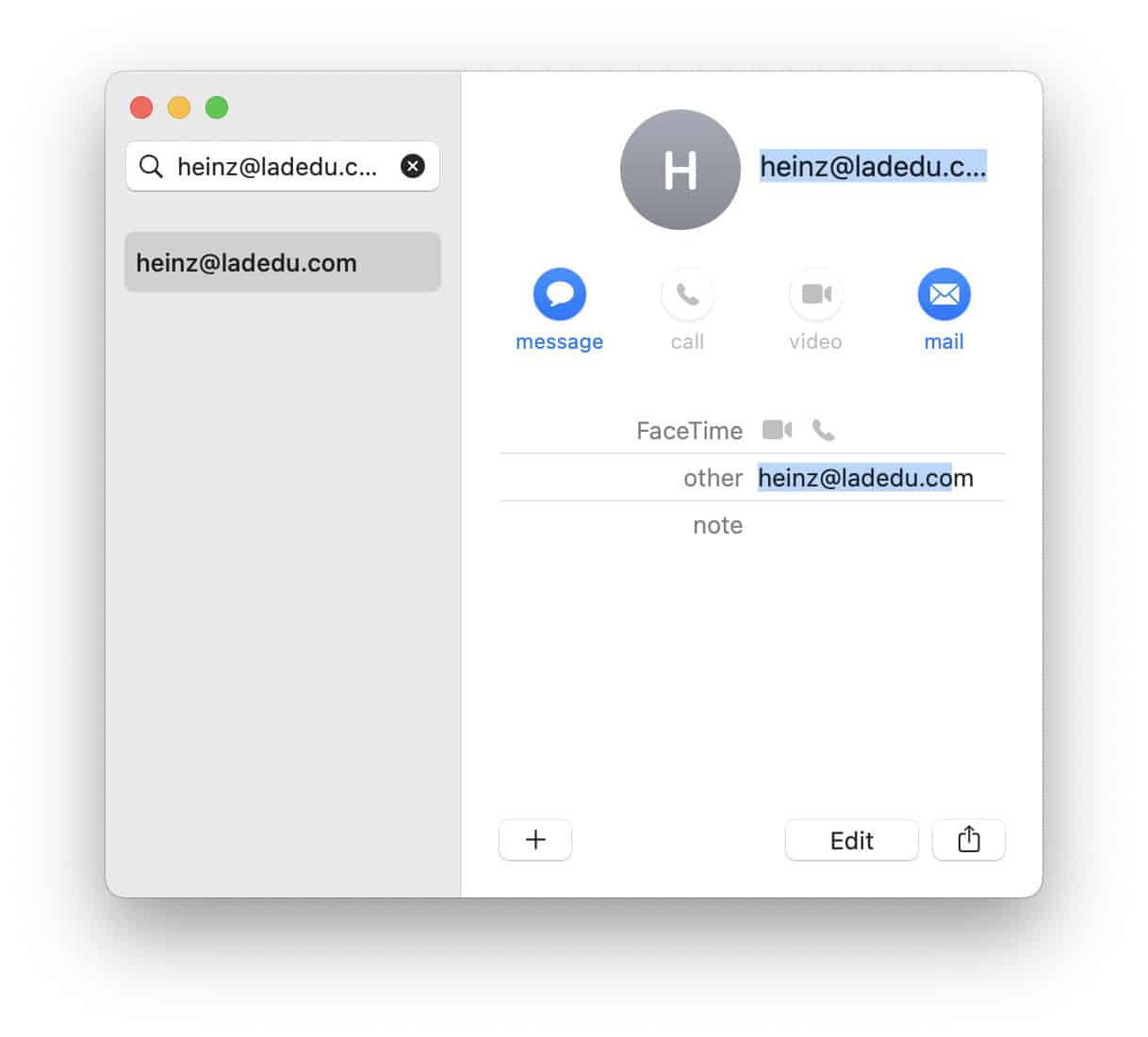 Search Contacts for the email address whose display name for Mail you want to change