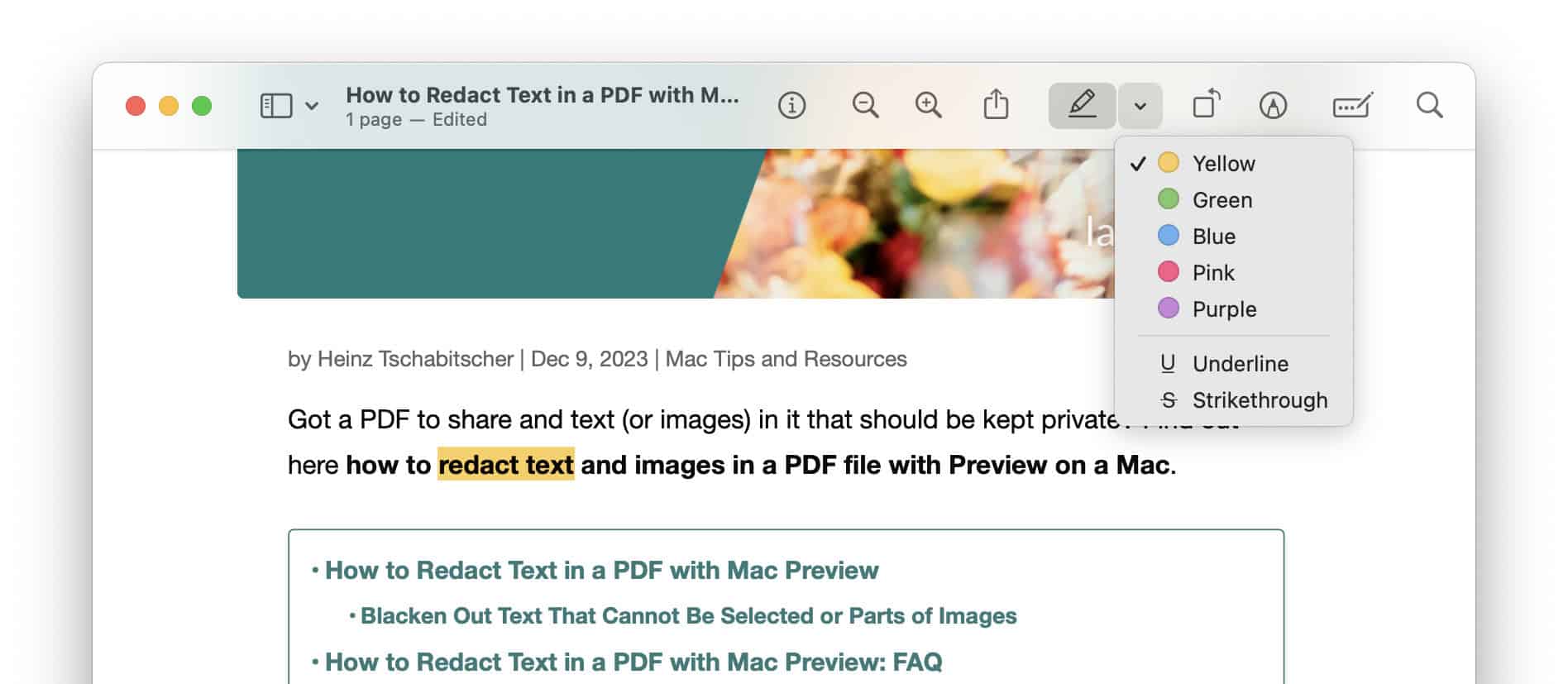 Highlight text in Preview in one of 5 colors