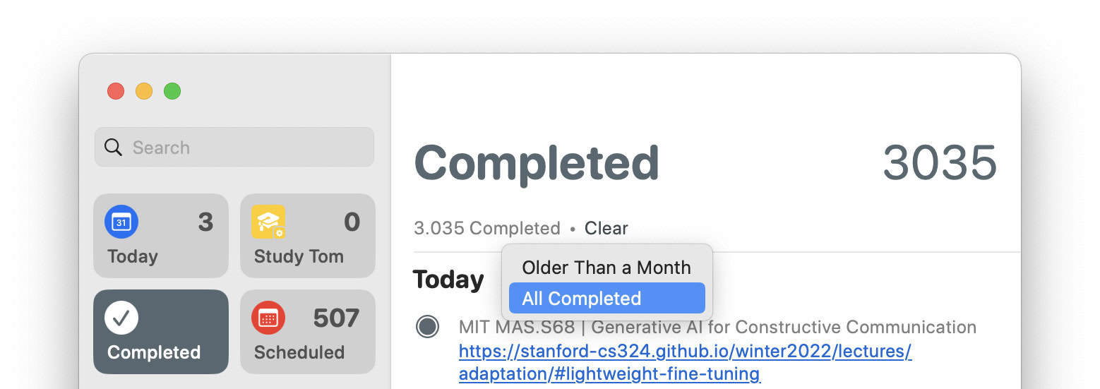 Select “All Completed” to delete completed reminders