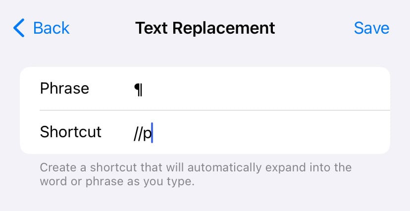 Add a text remaplcement to type the paragraph symbol on the iPhone keyboard