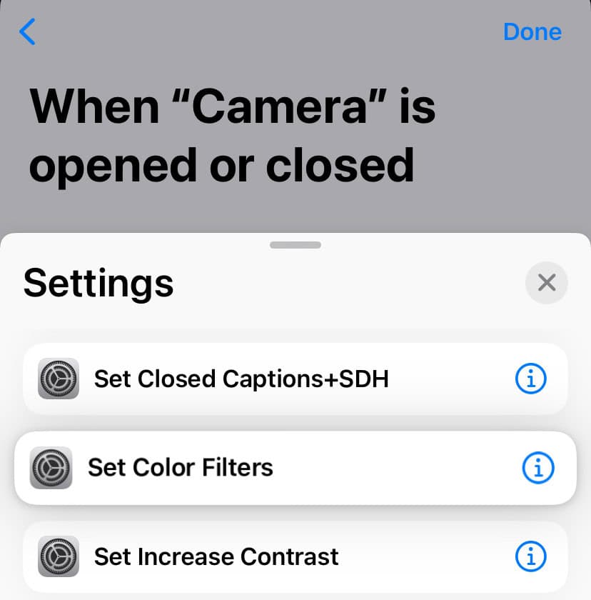 Choose the “Set Color Filters” action to toggle grayscale mode for specific apps on an iPhone