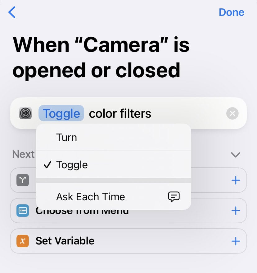 Make the automation’s action “Toggle color filters”