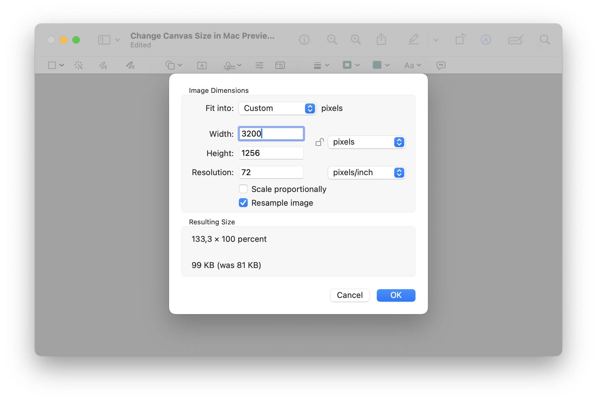 Choose the new size for the image canvas