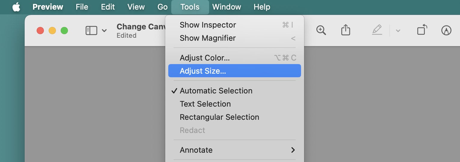Select “Tools | Adjust Size…” to change the canvas size in Preview