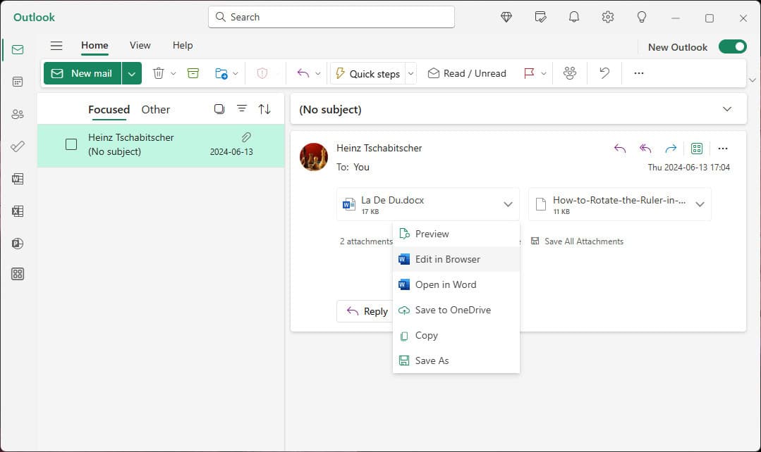 Open Office documents in a local or web app directly from Outlook for Windows