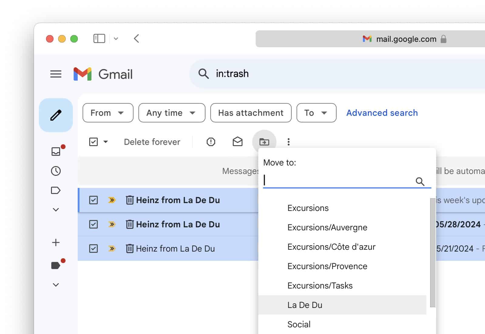 Recover messages from the Gmail “Trash”