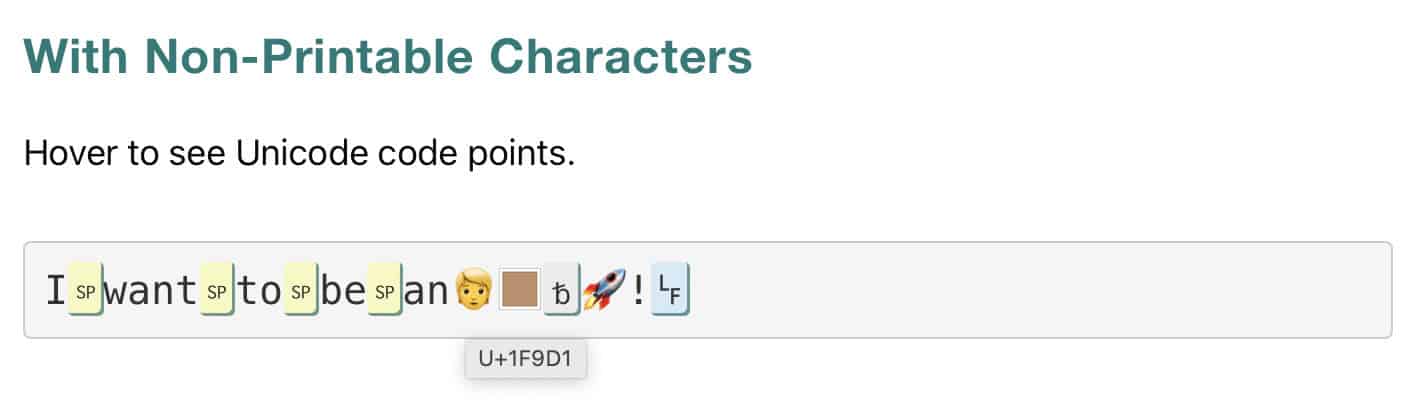 See non-printable characters and Unicode code points in text