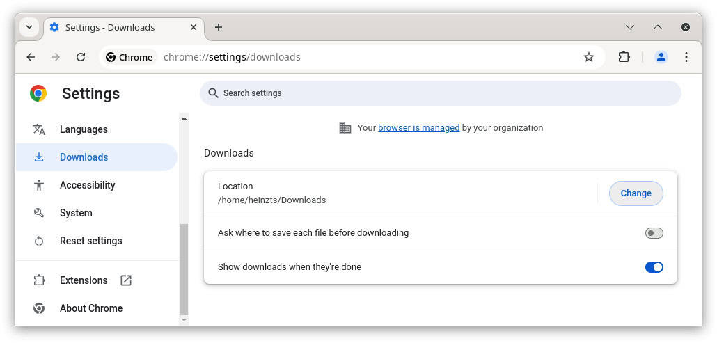 Change the default downloads folder in Google Chrome on the desktop