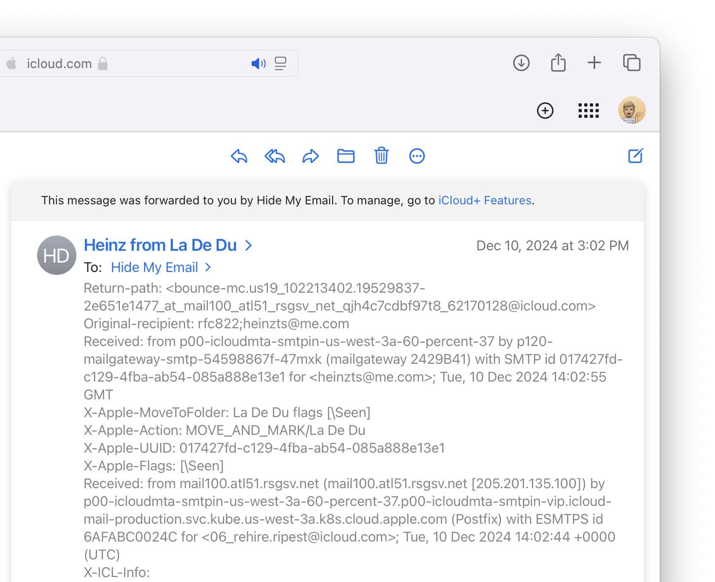 Full email headers at display in iCloud Mail