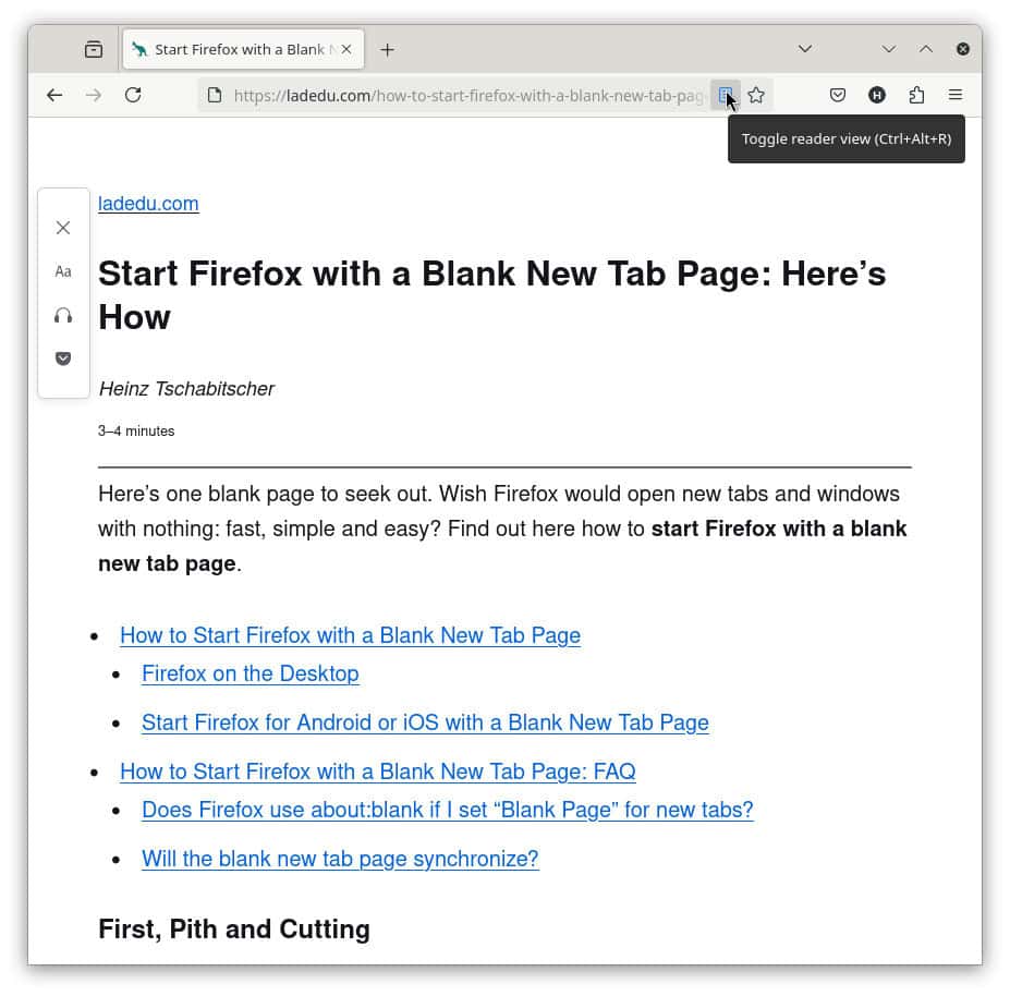 Open a page in Firefox reader view using the botton in the address bar