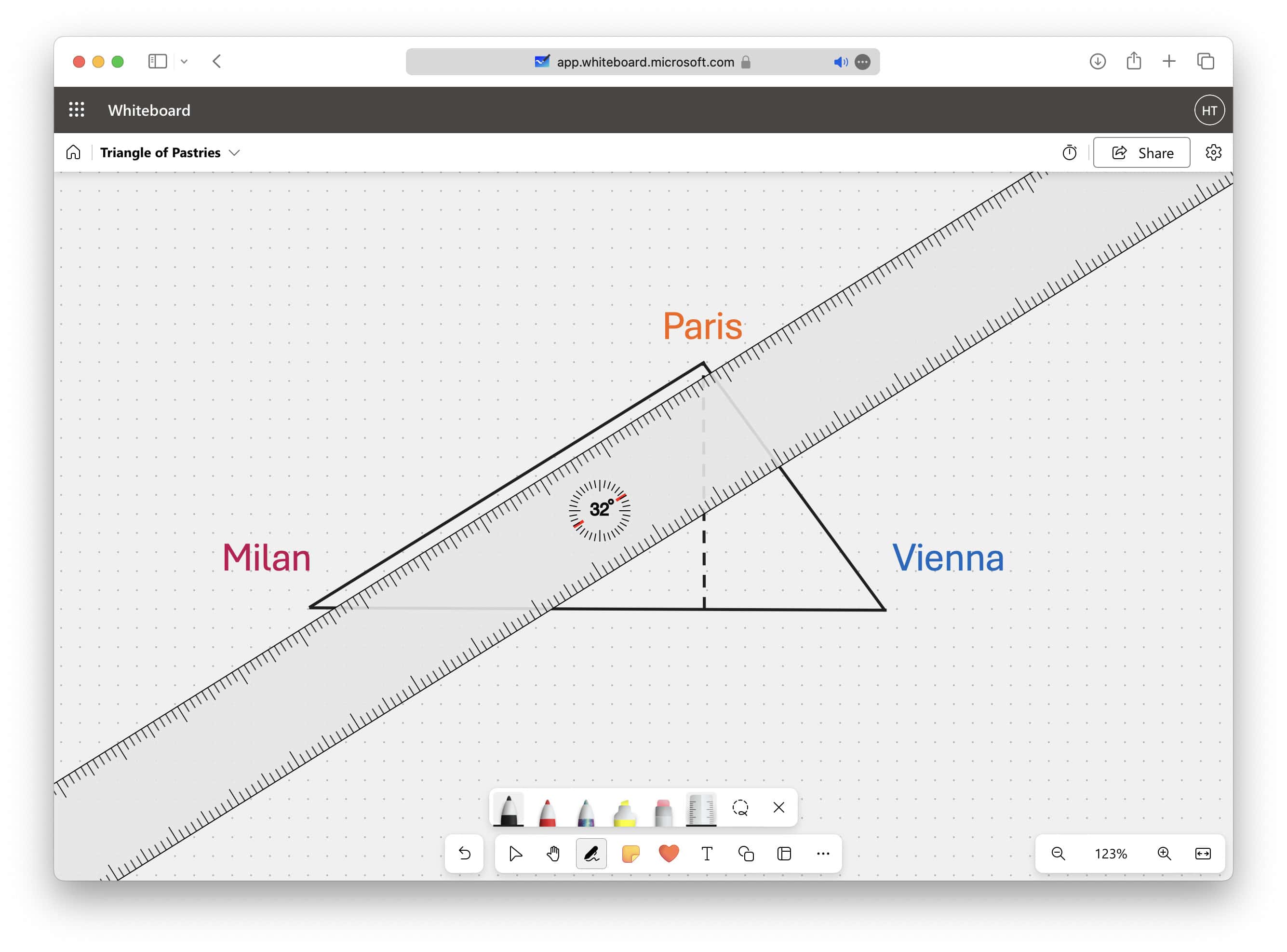 Rotate the ruler in Microsoft Whiteboard using the scroll wheel or trackpad