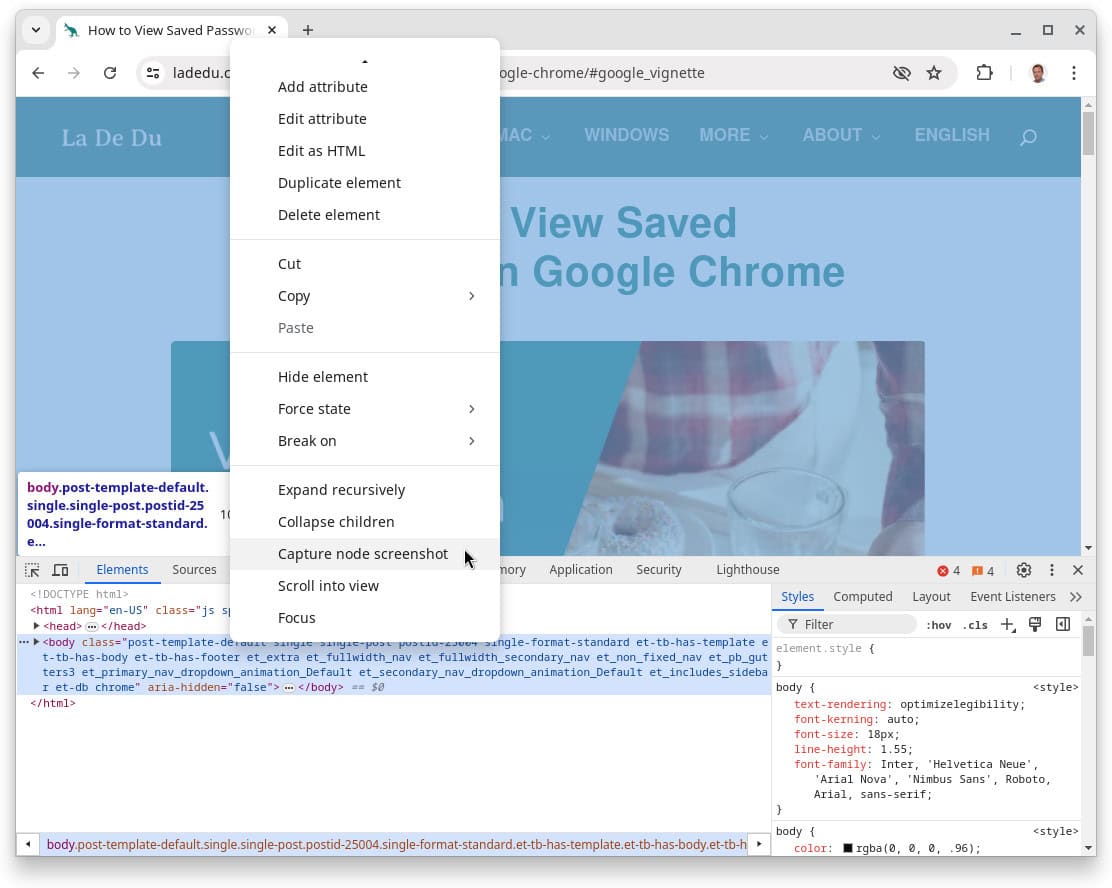 Select “Capture Node Screenshot” to take a full page screenshot in Google Chrome