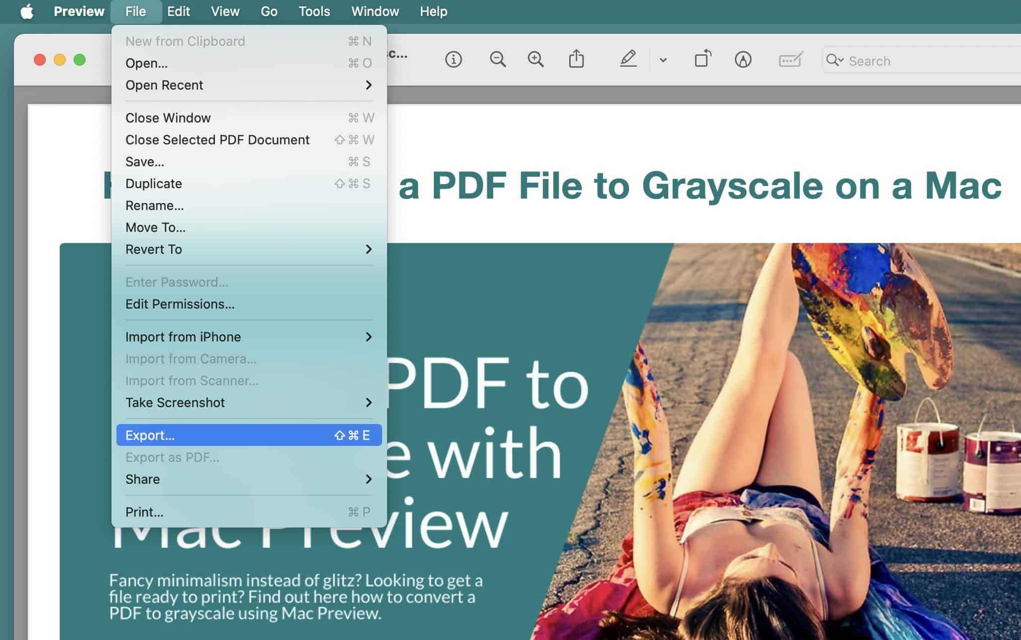 Select “File | Export…” from the menu to start converting a PDF file to grayscale in Mac Preview