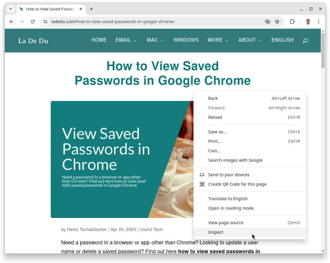 Select “Inspect” somewhere on the page to bring up Inspector in Chrome
