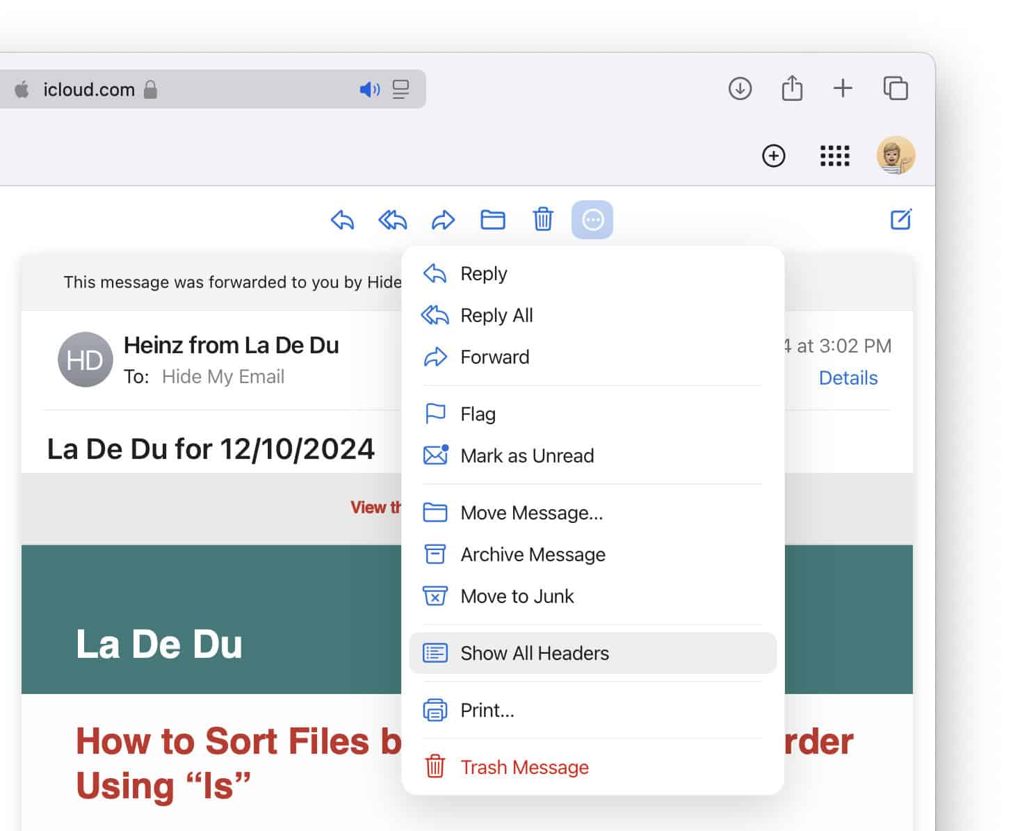 Select “Show All Headers” to View the Full Header Lines in iCloud Mail on iCloud.com