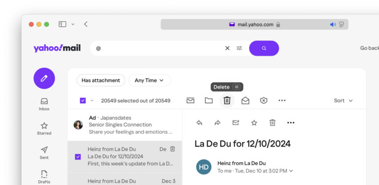 With all emails in Yahoo Mail selected, click “Delete”