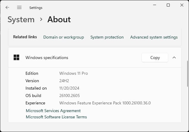 Find Windows version information in system settings