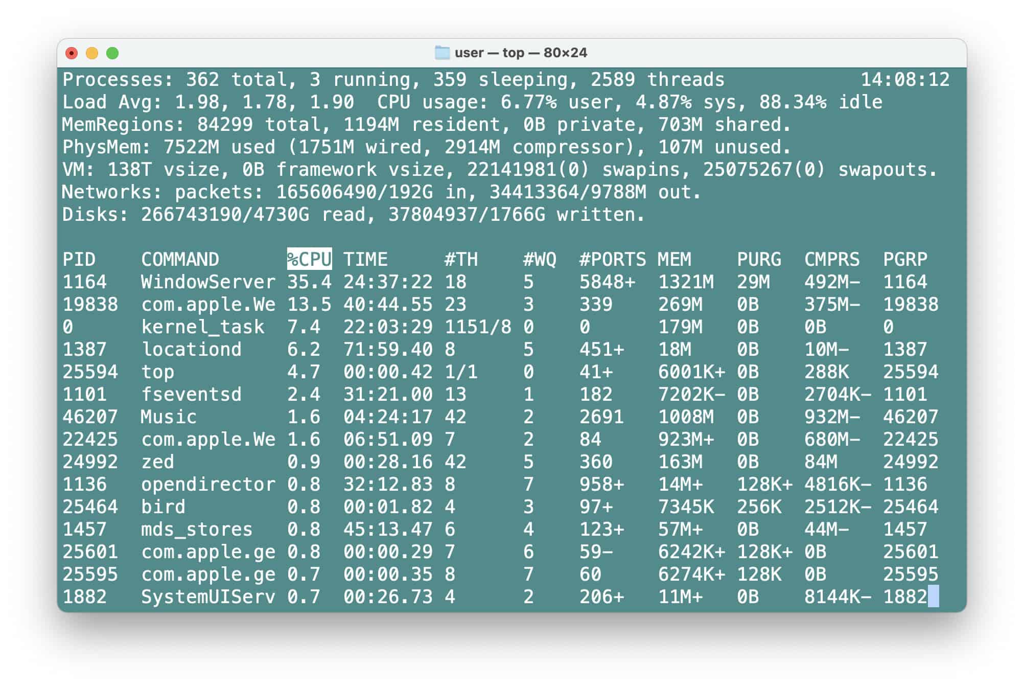 Seeing processes running on a Mac using top in macOS Terminal