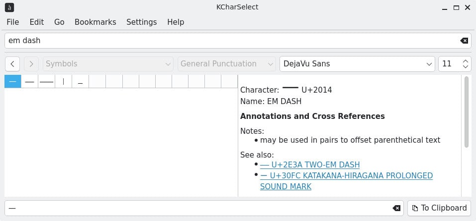 Finding and copying an em dash with KCharSelect on KDE Linux