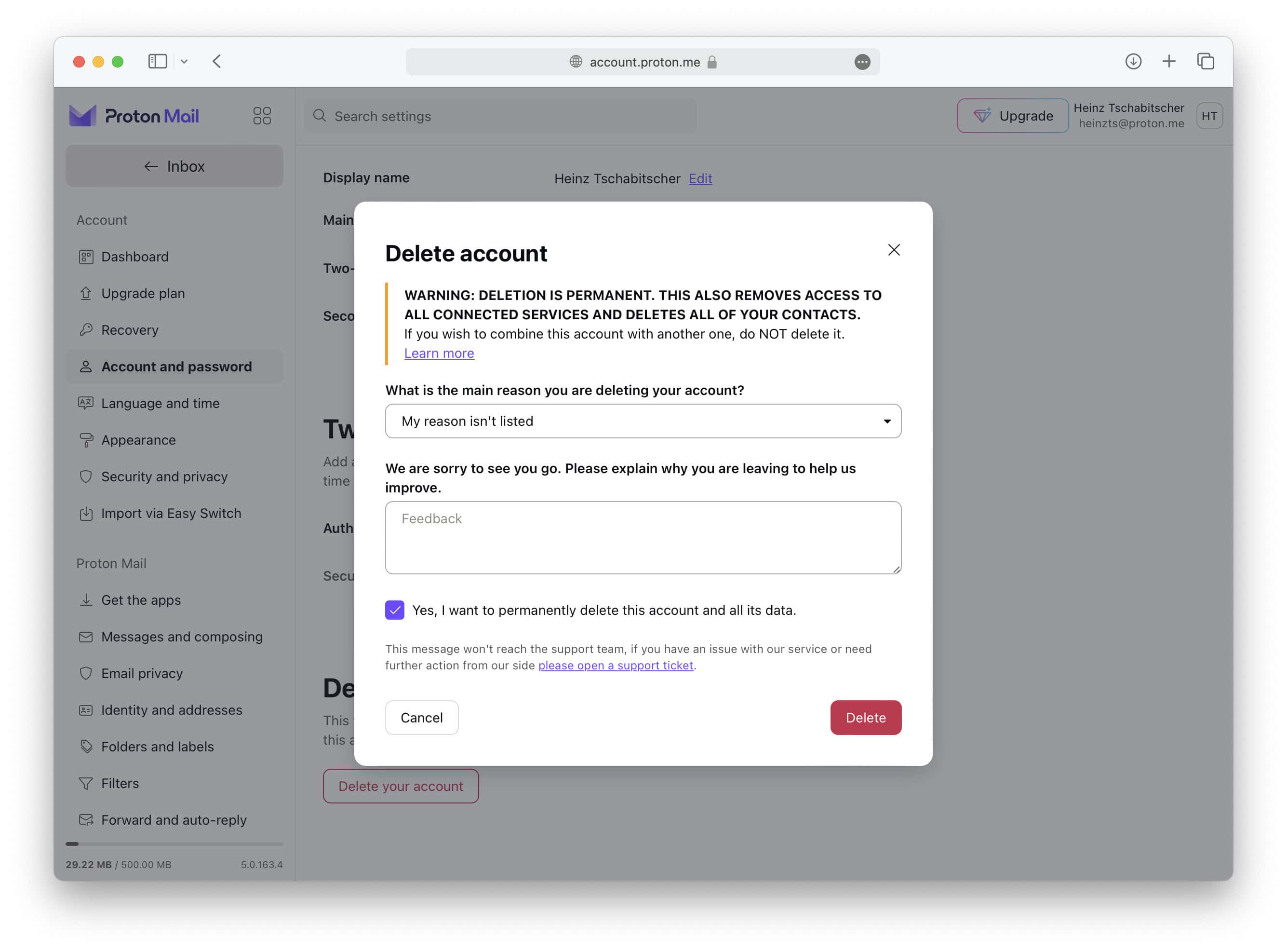 Click “Delete” to confirm permanently deleting a Proton Mail account