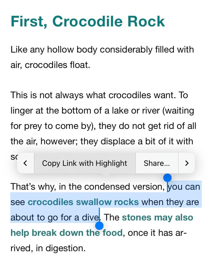 Select “Copy Link with Highlight” to share a page with highlighted text in Safari