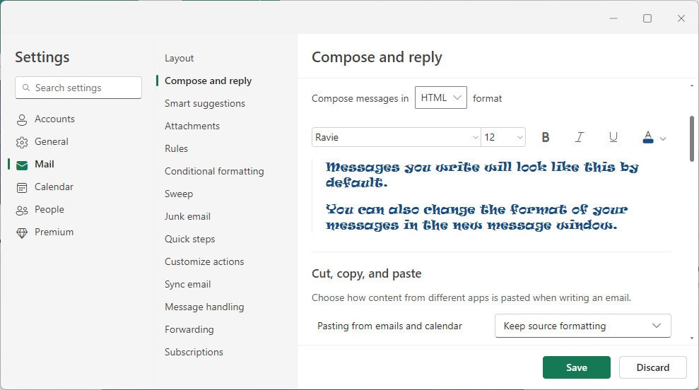 Changing the default typeface and font size in new Outlook for Windows