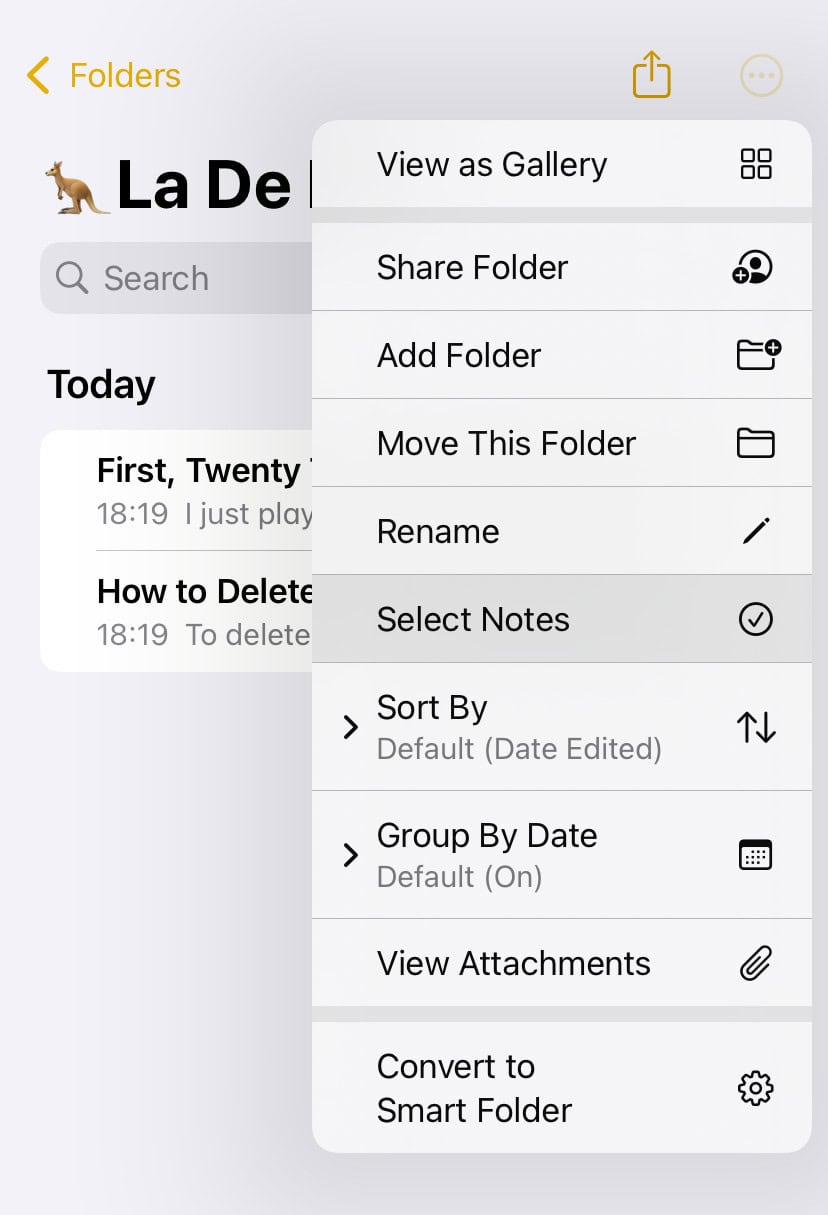 Choose “Select Notes” to get an option to delete all notes in a folder in Apple Notes on iPhone