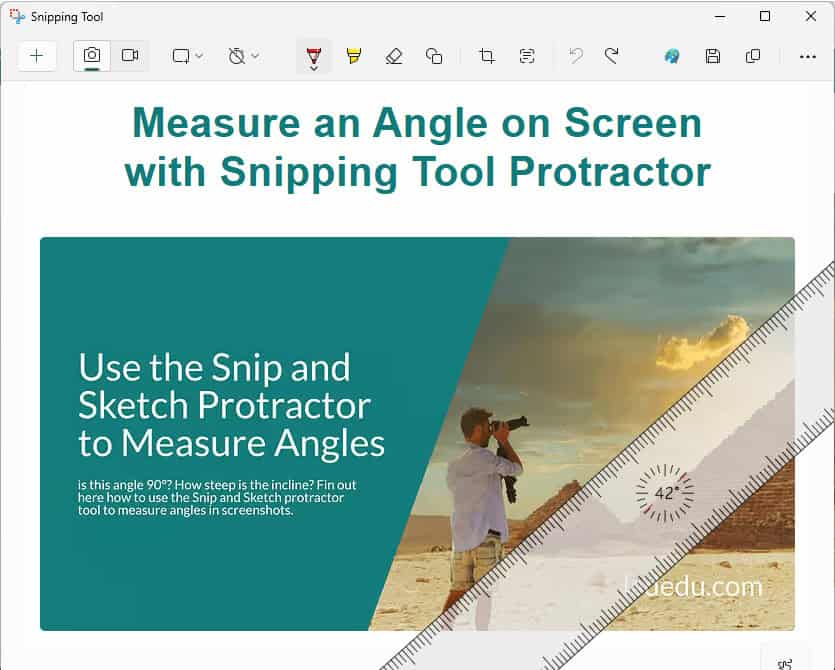 Using the ruler to measure an angle in Windows Snipping Tool