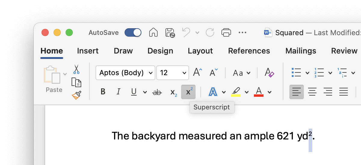 Choose “Superscript” to turn the number “2“ into the symbol for “squared”