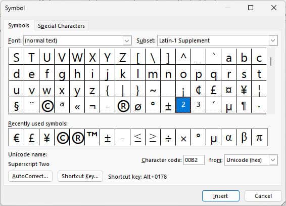Inserting the symbol for “squared” using the Word “Symbol” dialog